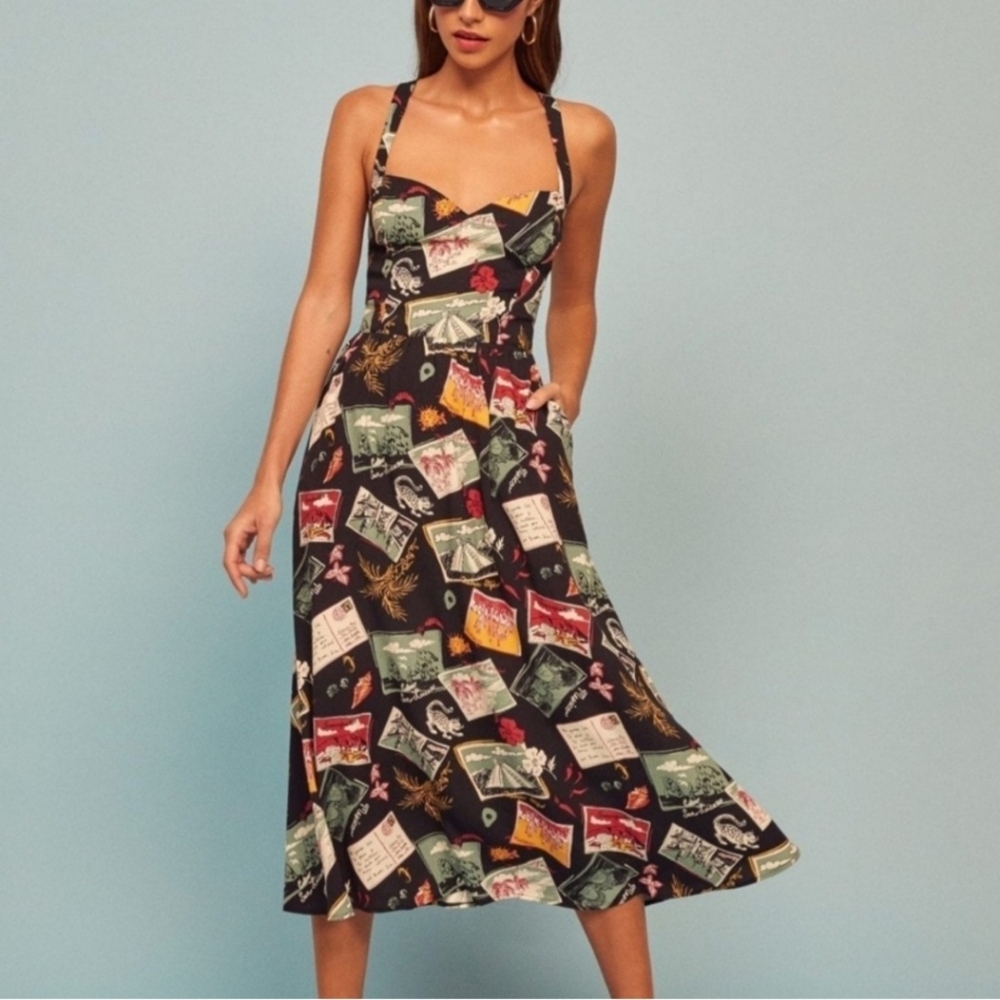 REFORMATION Brixton Midi Dress Postcard Print/ Tropical Floral Print Womens Sz 0
